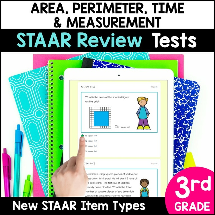 3rd Grade Area, Perimeter, Time, Measurement TEKS Tests - Digital and Print