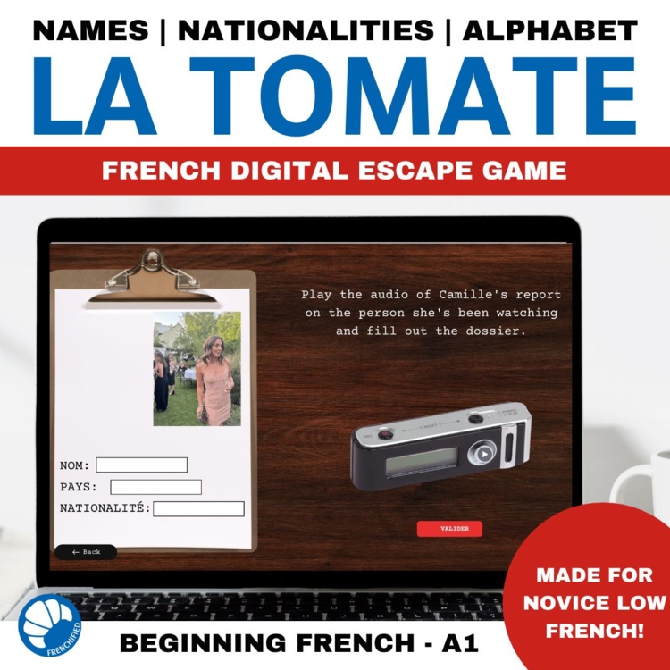 Novice Low Beginning French escape game alphabet, introductions, nationalities
