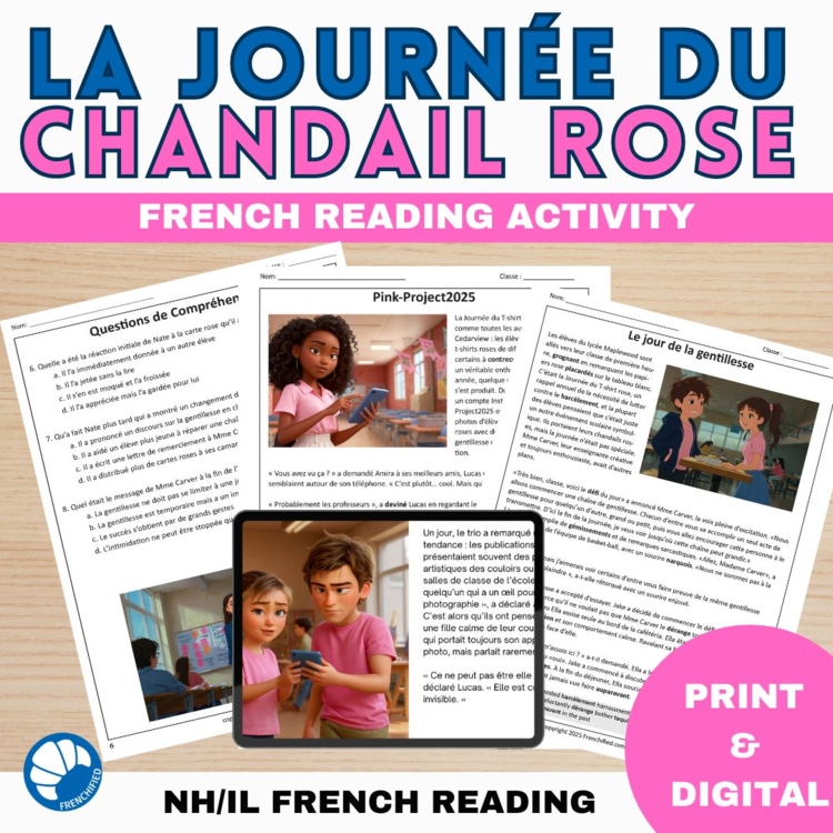 Pink shirt day activites French reading comprehension journée du chandail rose