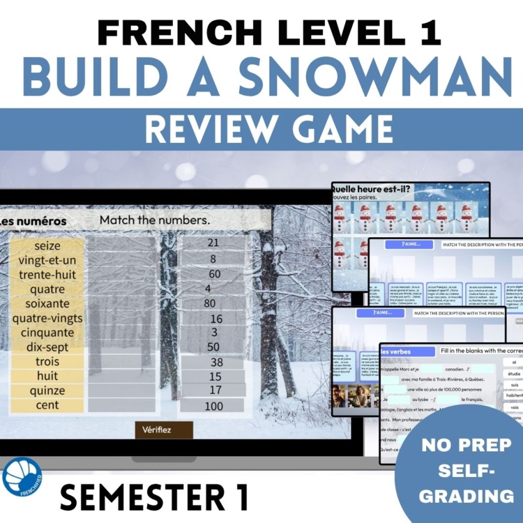 French 1 Semester 1 Review Game | Self-Grading Snowman Activity