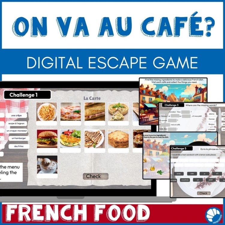 Beginning French food vocabulary practice game café activity au restaurant
