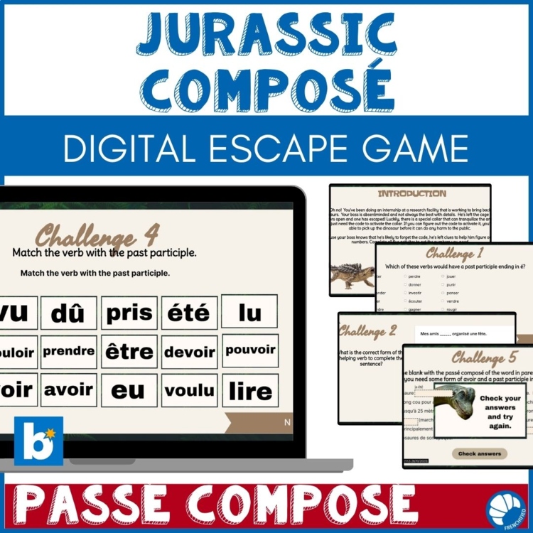 French Passe Compose Game with Avoir Dinosaur Digital Escape No Prep