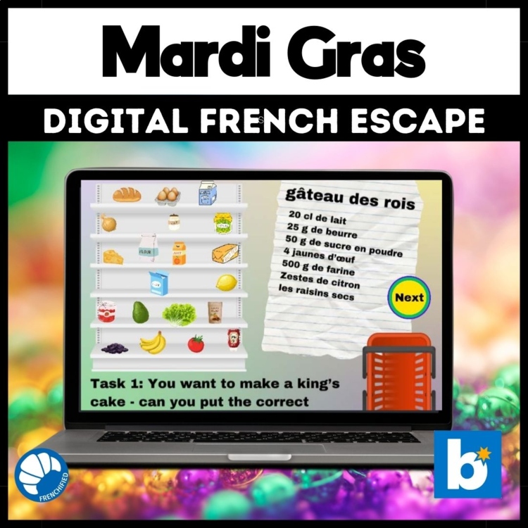 Mardi Gras French vocab escape room digital game for Fat Tuesday Boom cards