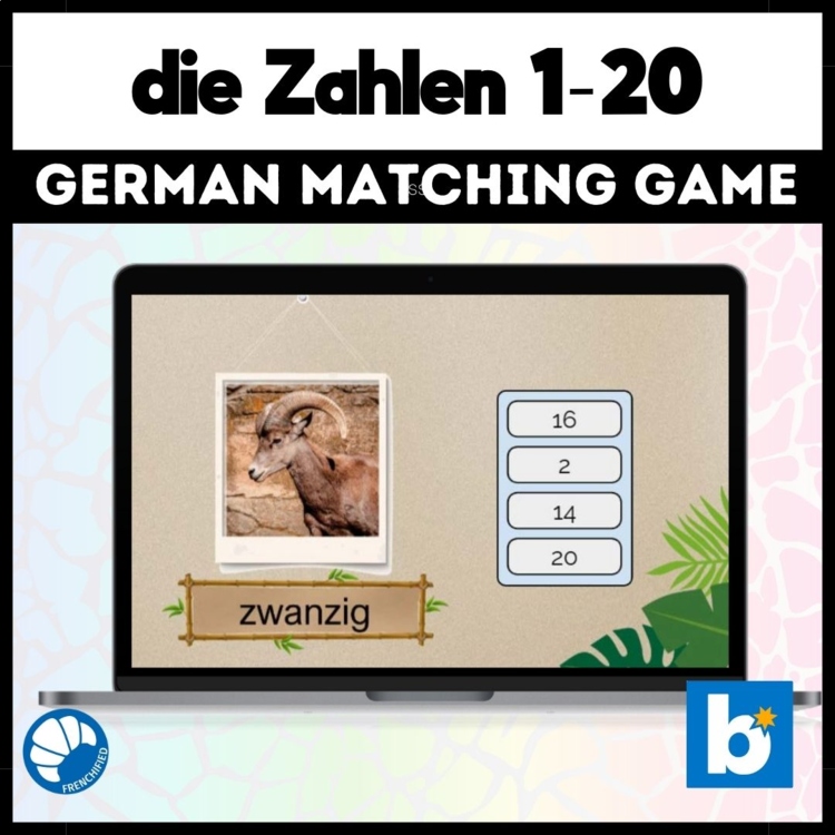 Beginning German numbers 1-20 matching digital practice activity Boom cards