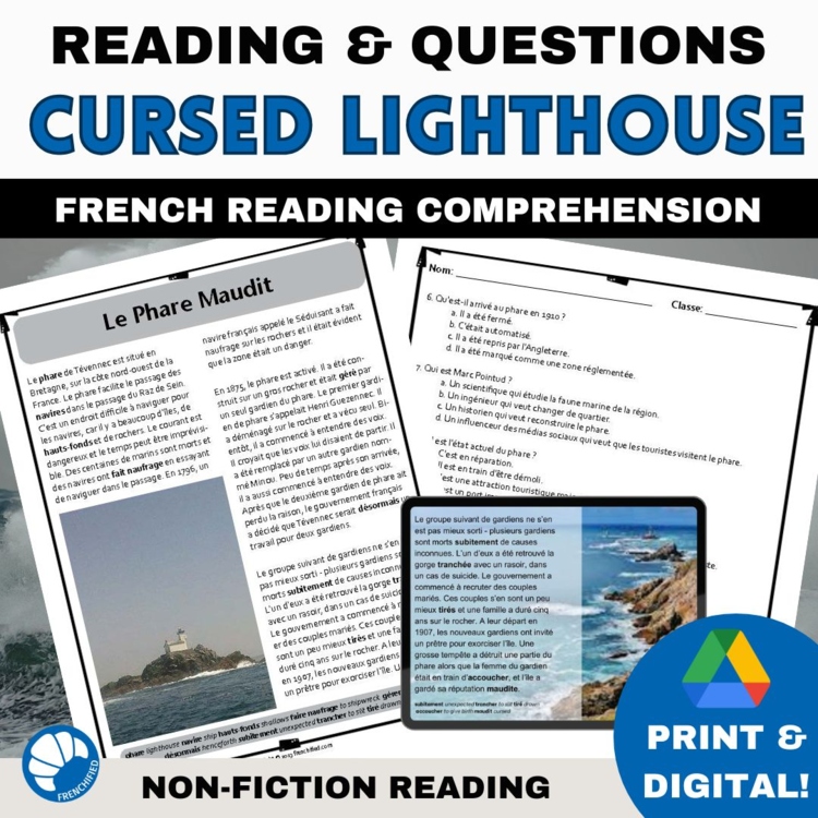 Intermediate French reading comprehension activity & questions Cursed Lighthouse