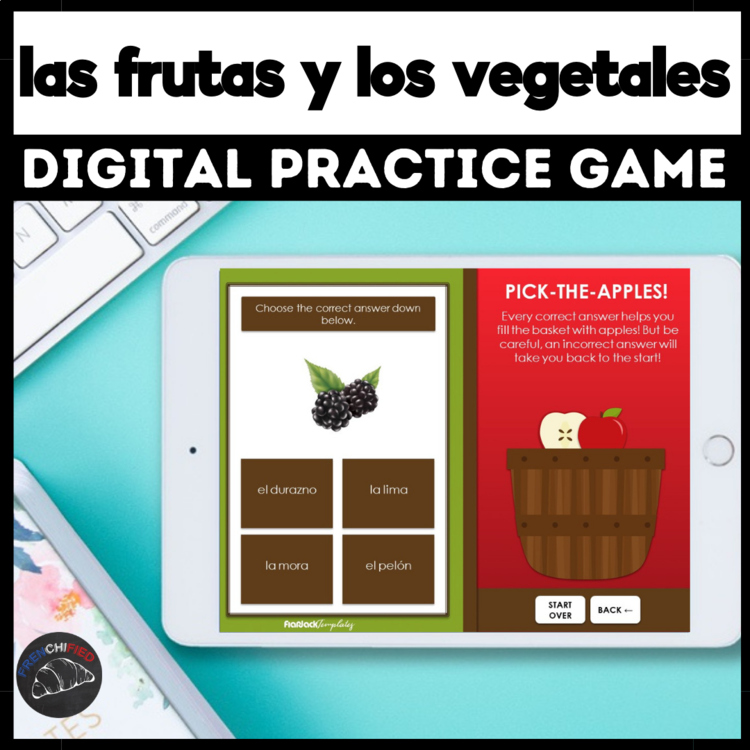 Food in Spanish vocabulary fruits & vegetables digital practice game