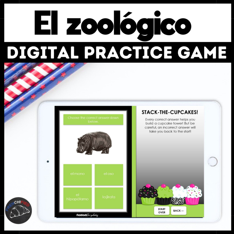 Zoo animals in Spanish beginner Spanish vocabulary game - los animales