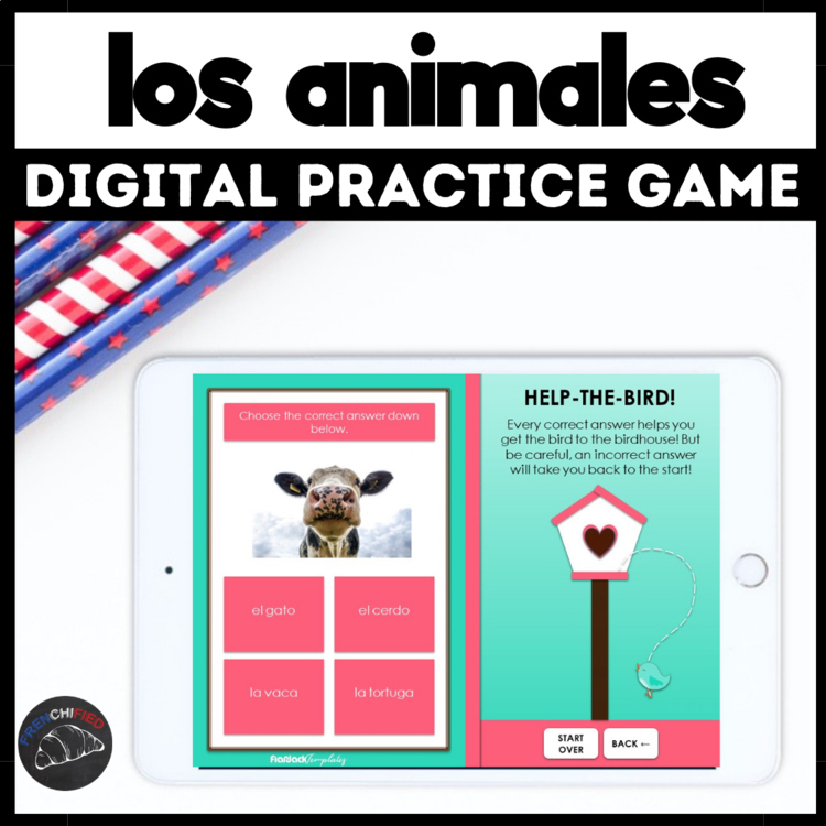 Spanish animals vocabulary activity digital practice game self-grading no prep