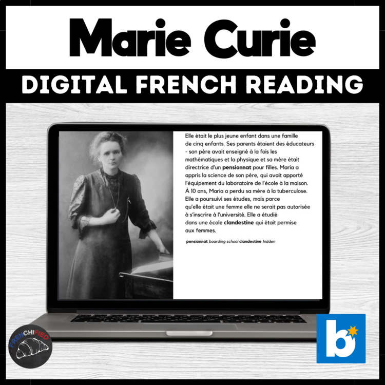 STEM in French science reading comprehension activity & questions Marie Curie