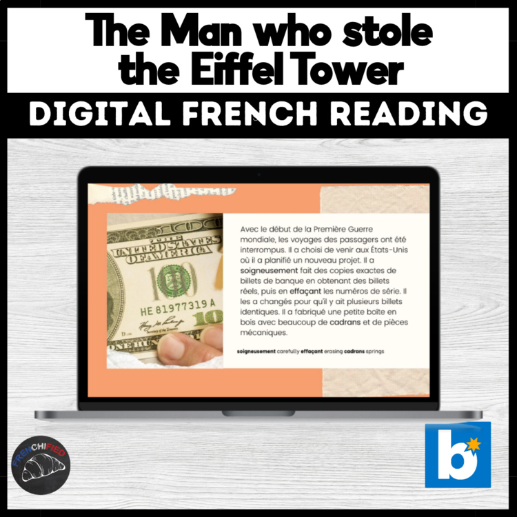 French reading comprehension activity & questions Man who Sold the Eiffel Tower