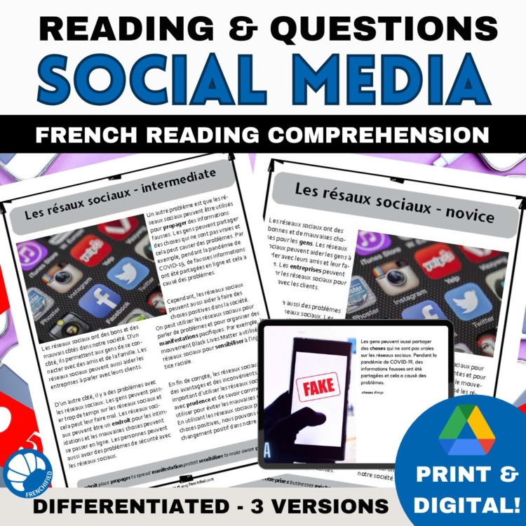 French reading comprehension activity in three levels - Social media