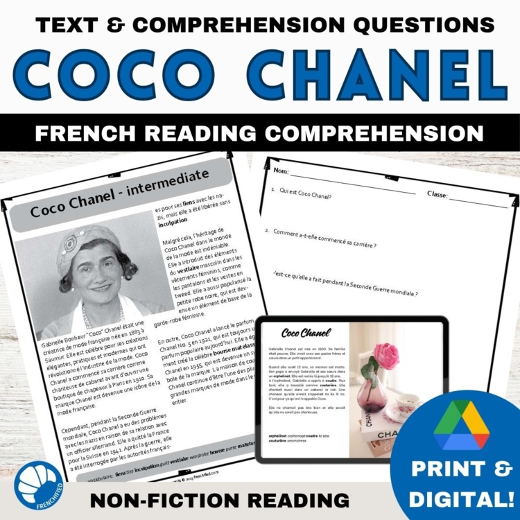 French reading comprehension activities fashion designer Coco Chanel
