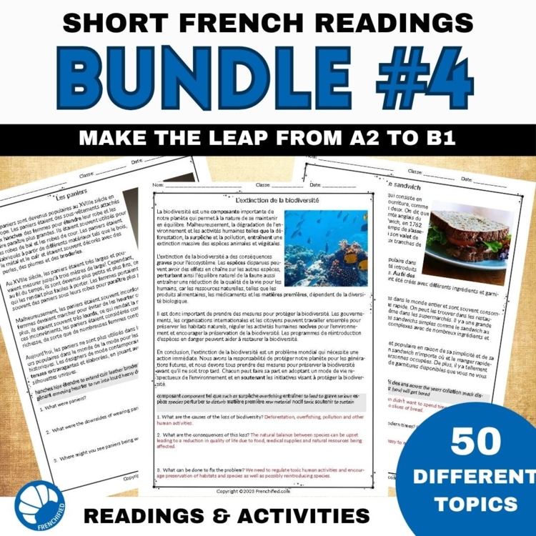 Short French reading comprehension passages bundle 50 readings A2 to B1
