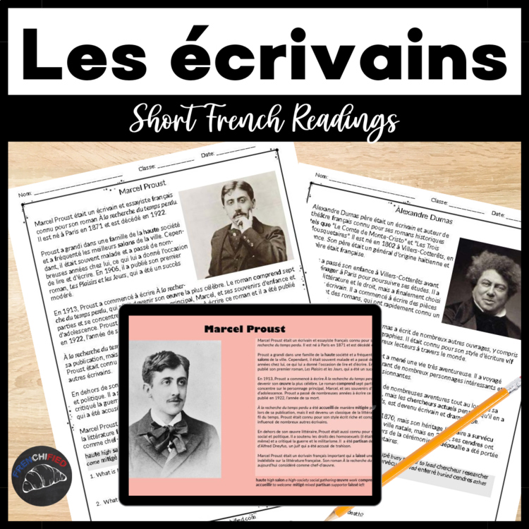 French novice level reading comprehension worksheets and questions authors