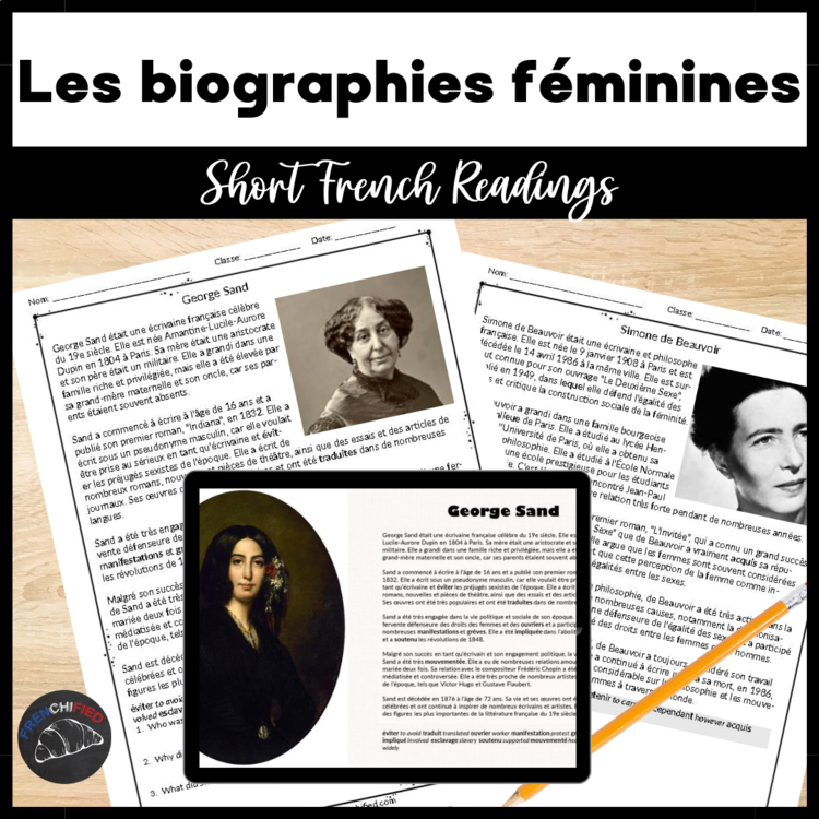 Womens History month Short Intermediate French reading comprehension worksheets
