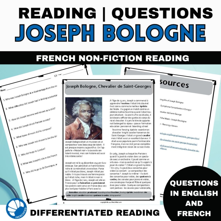 Intermediate French reading comprehension activity Black History month biography