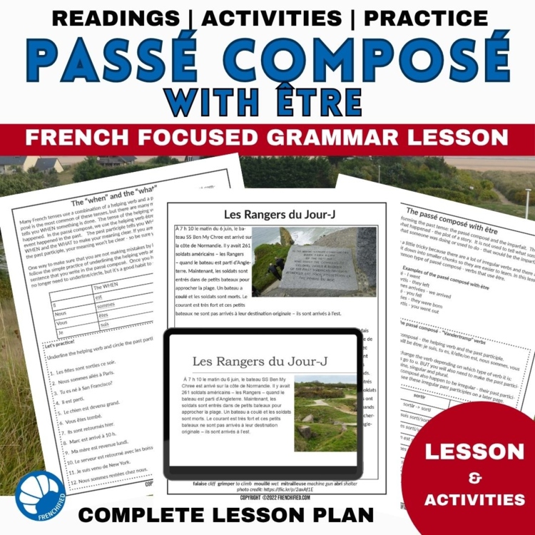 Passé Composé with Être Lesson, Notes, Reading, and Activities