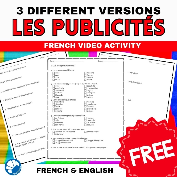 Free French listening activity TV commercial analysis differentiated activities