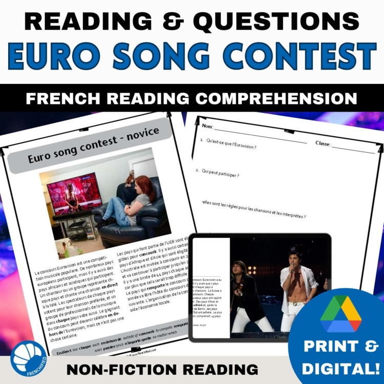 2026 Eurovision French Reading Comprehension Activities with 3 Difficulty Levels