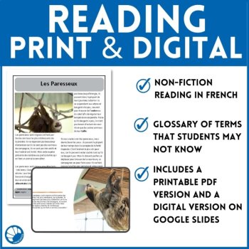Intermediate French reading Compréhension de Lecture and worksheets Sloths, image 3