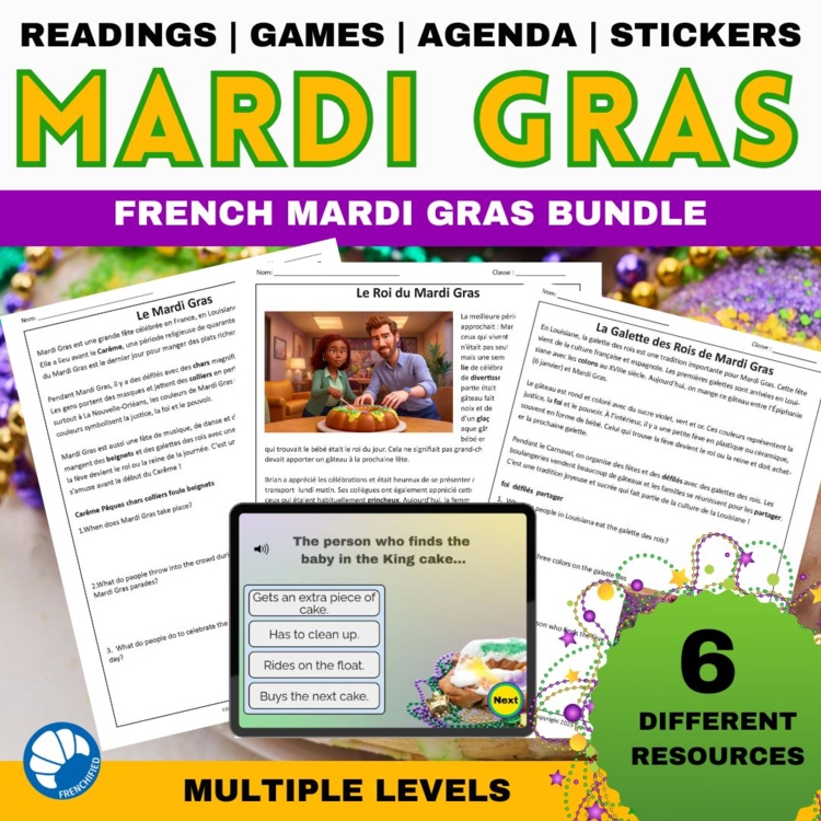 French Mardi Gras Fat Tuesday activities bundle reading comprehension & games