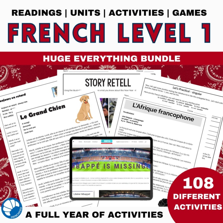 Complete level 1 Beginning French curriculum bundle of readings, units, games