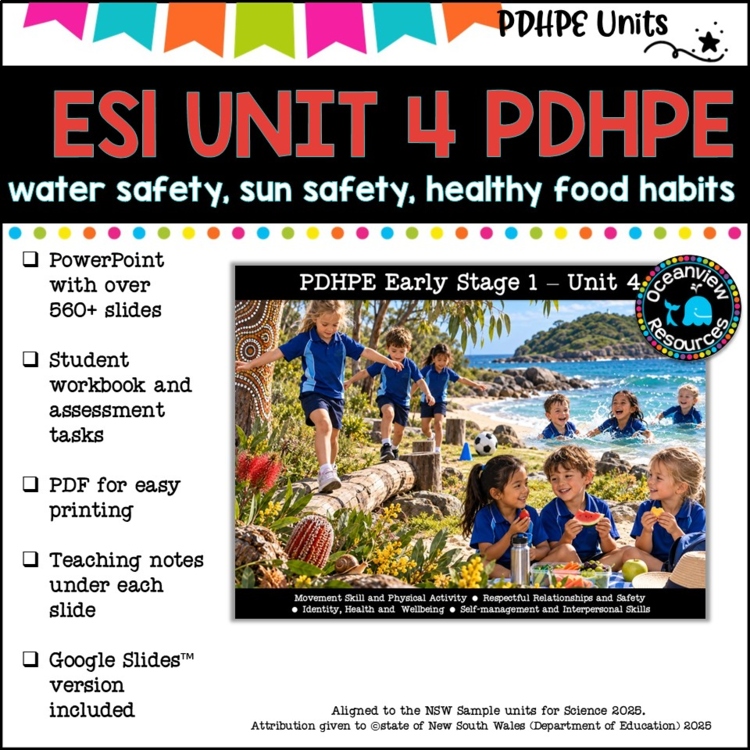 ES1 (KINDER)UNIT 4 NSW PDHPE Complete Unit-sun & water safety, healthy eating,PE