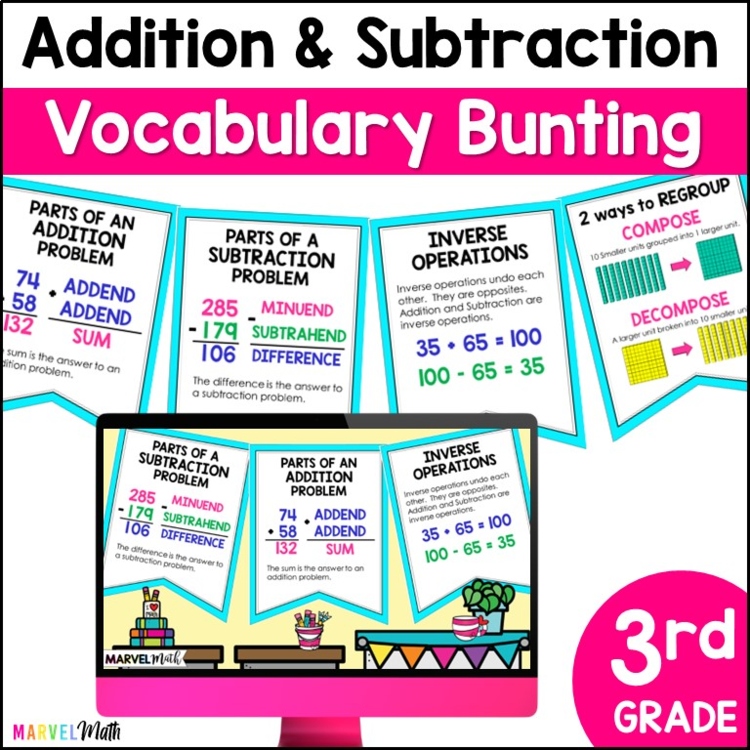 3rd Grade Addition Subtraction Word Wall Vocabulary Bunting - Print and Digital