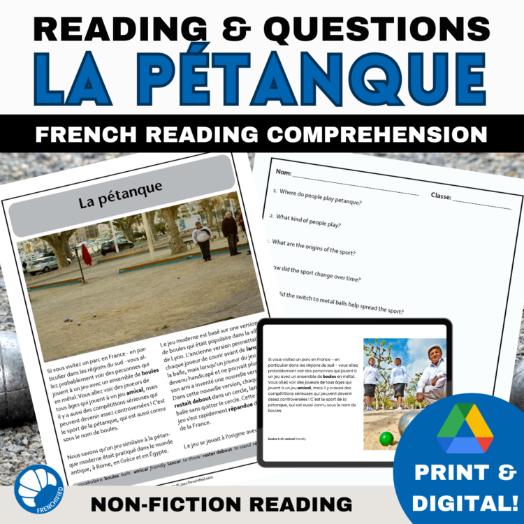 Pétanque Reading Comprehension in French with English & French Questions
