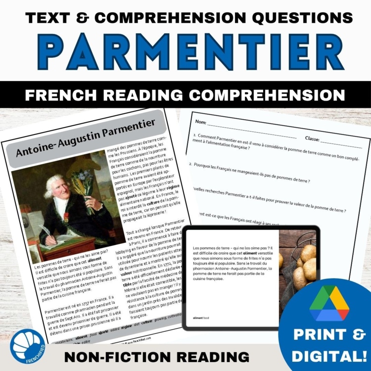 French reading Comprehension Activity & Questions Parmentier Potato Day