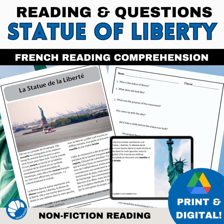 Statue of Liberty in French Reading Comprehension Activity & Questions