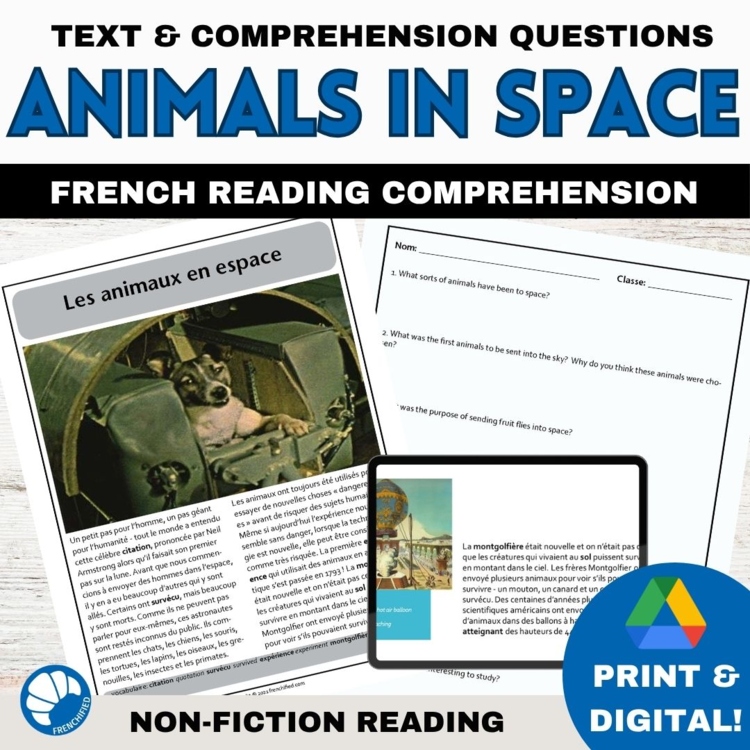 STEM in French science reading comprehension activity questions Animals in Space