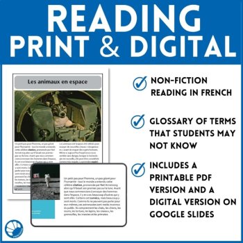 STEM in French science reading comprehension activity questions Animals in Space, image 3