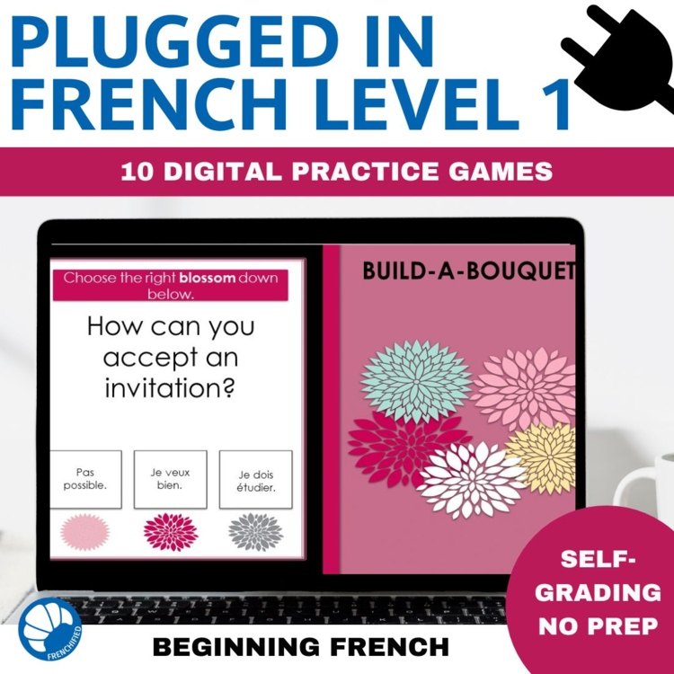Plugged-in level 1 French digital review games self-grading, no prep