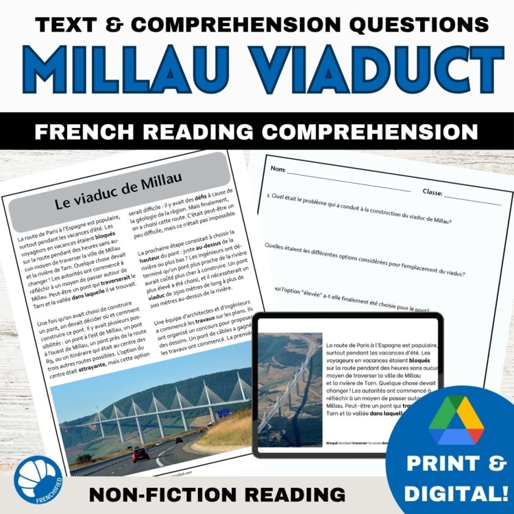 STEM in French reading comprehension activity and questions Millau Viaduct