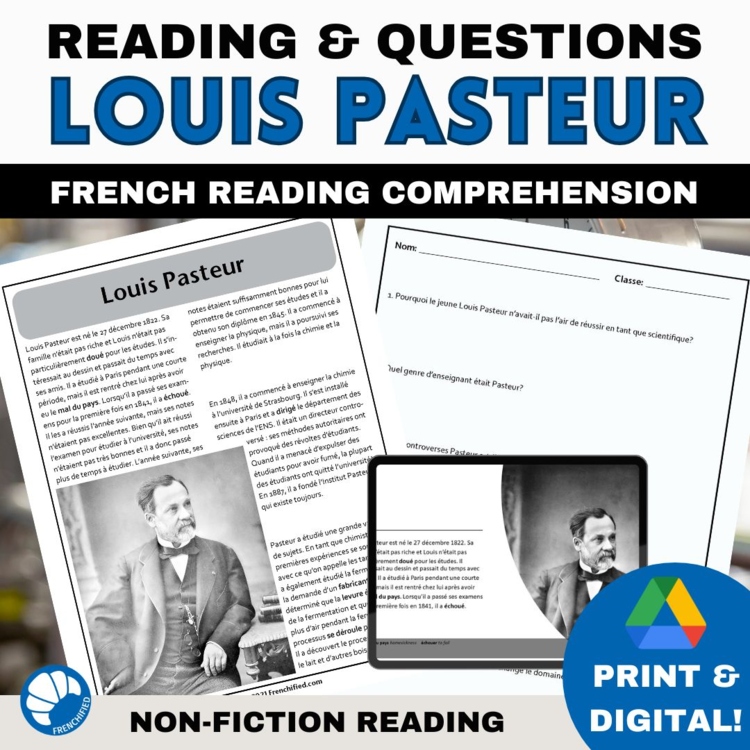 STEM in French reading comprehension activity & questions Louis Pasteur