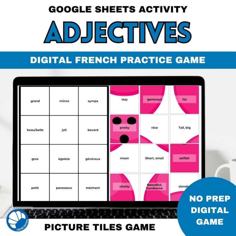 Beginning French common adjectives translation digital vocabulary practice game