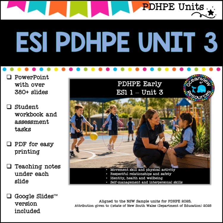 ES1 kinder UNIT 3 NSW  PDHPE Complete Unit-safety, health, wellbeing, movement