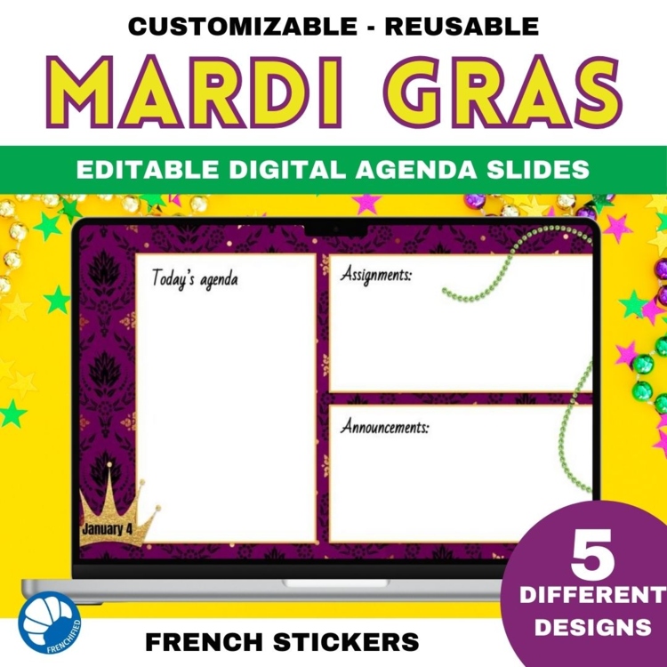 Mardi Gras themed editable daily agenda slides for Google™/Powerpoint/Smartboard