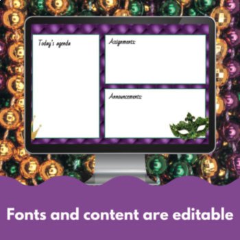 Mardi Gras themed editable daily agenda slides for Google™/Powerpoint/Smartboard, image 3