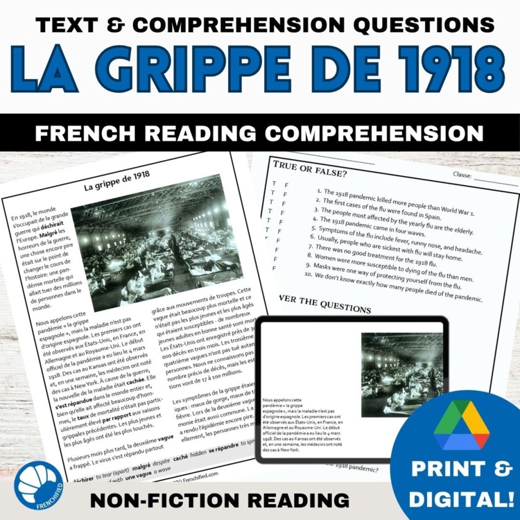 French Reading Comprehension - 1918 Spanish Flu - 2 Levels Print & Digital