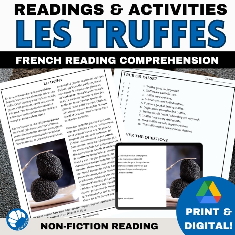 French food worksheets reading comprehension activity Truffles les truffes