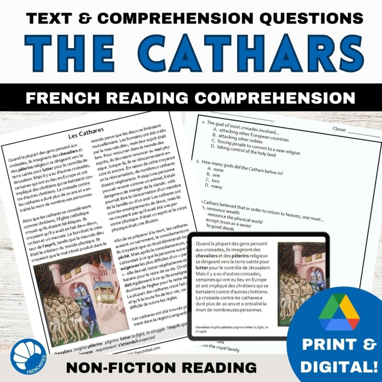 Intermediate French reading comprehension activity the Cathars medieval Europe