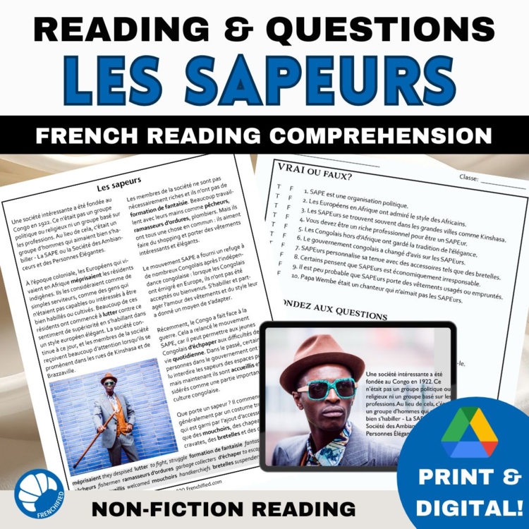 Reading in French intermediate Comprehension Activity | Les Sapeurs in Congo