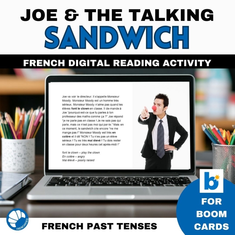 French short story reading comprehension activity Joe & the Talking Sandwich