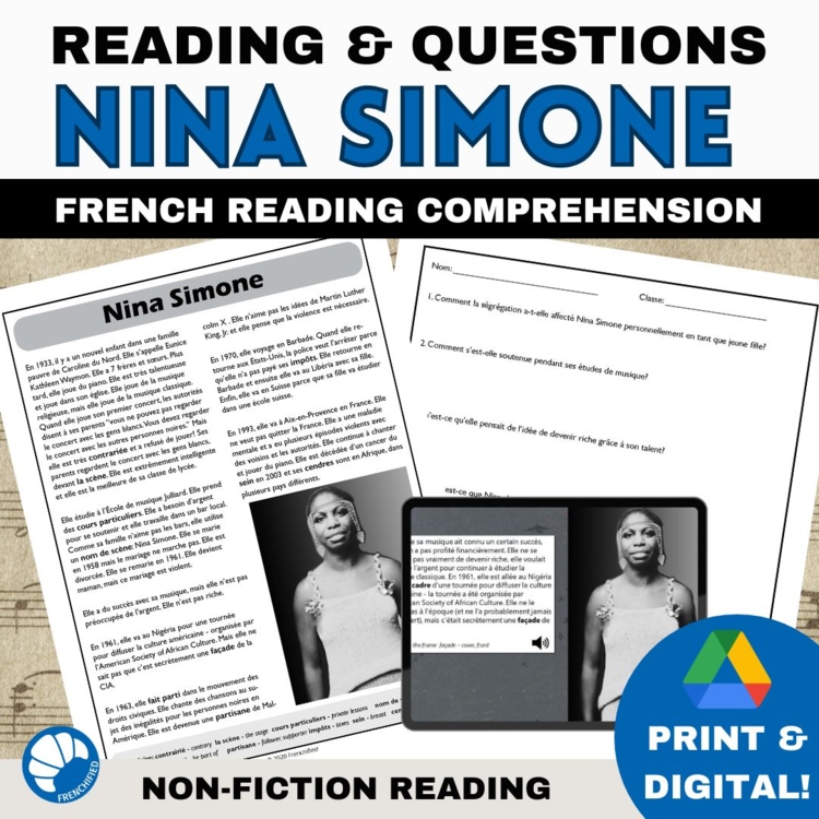 Intermediate French Reading Comprehension | Nina Simone | PDF & Google Slides