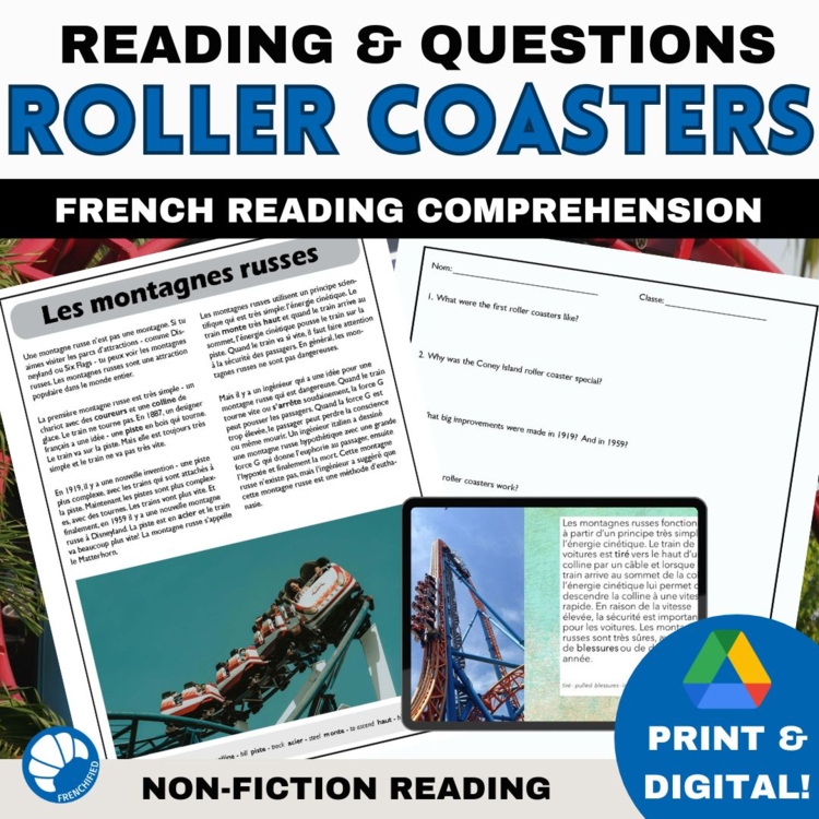 Intermediate French reading comprehension activity & questions Roller coasters