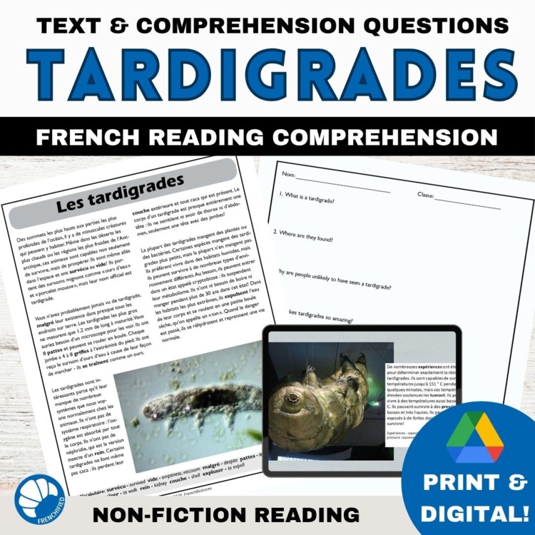 French Reading Comprehension | Tardigrades Activity for Intermediate French