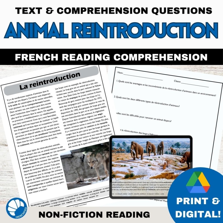 French science reading comprehension activity & questions Animal Reintroduction