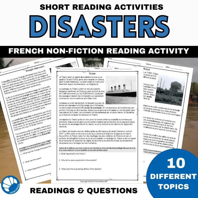 French reading comprehension activity and questions - Natural disasters